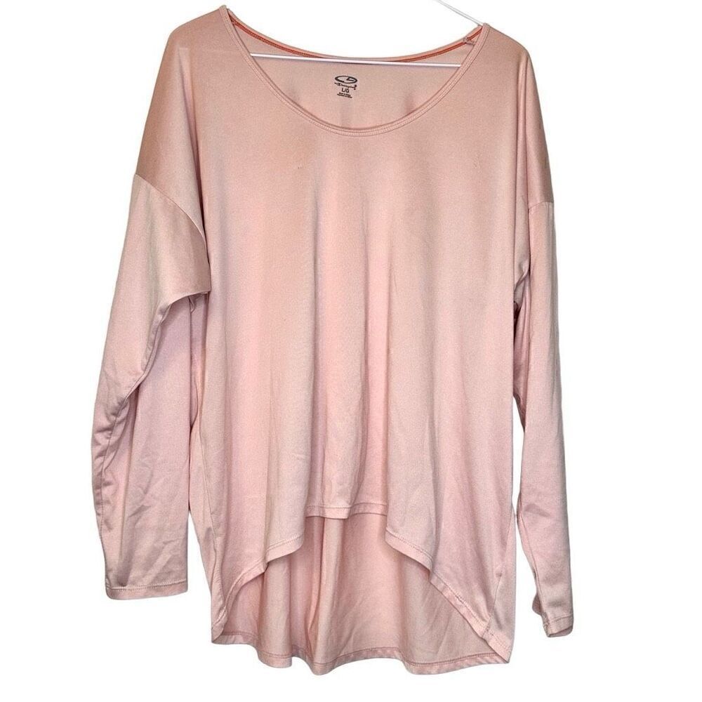 Champion Long Sleeve Scoop Neck High Low Hem Drop Shoulder Top Light Pink Large